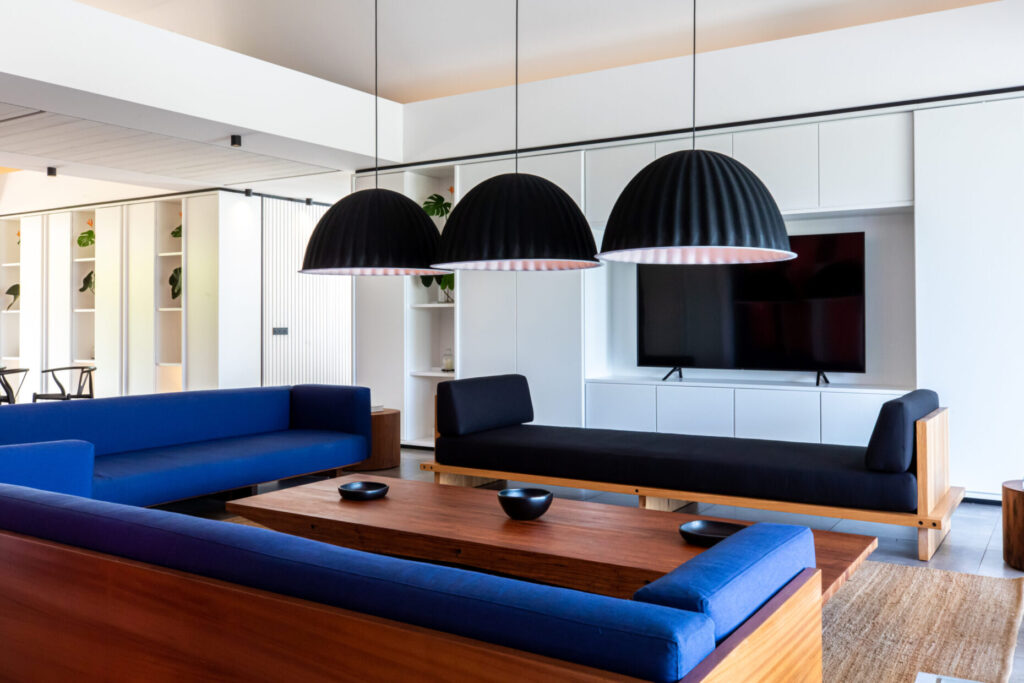 Villa Valentina living room with blue sofas, St. Barts