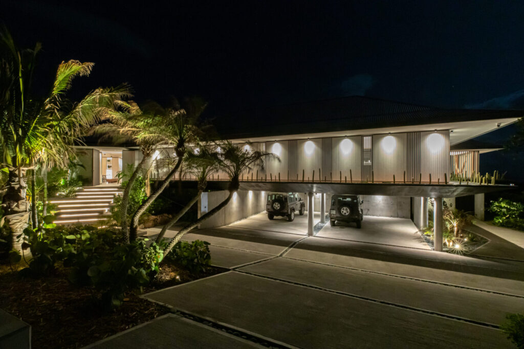 Night view of Villa Valentina, St. Barts, entrance and parking.