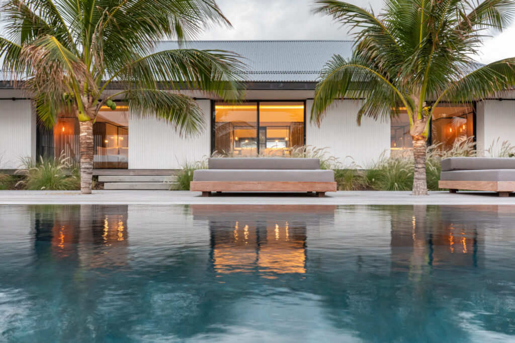 Pool and deck at Villa Valentina, St. Barts, at dusk.